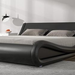 Queen Size Sleek Faux Leather Platform Bed Frame
