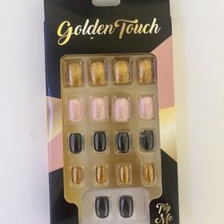 Pink, Gold, And Black Fake Nails