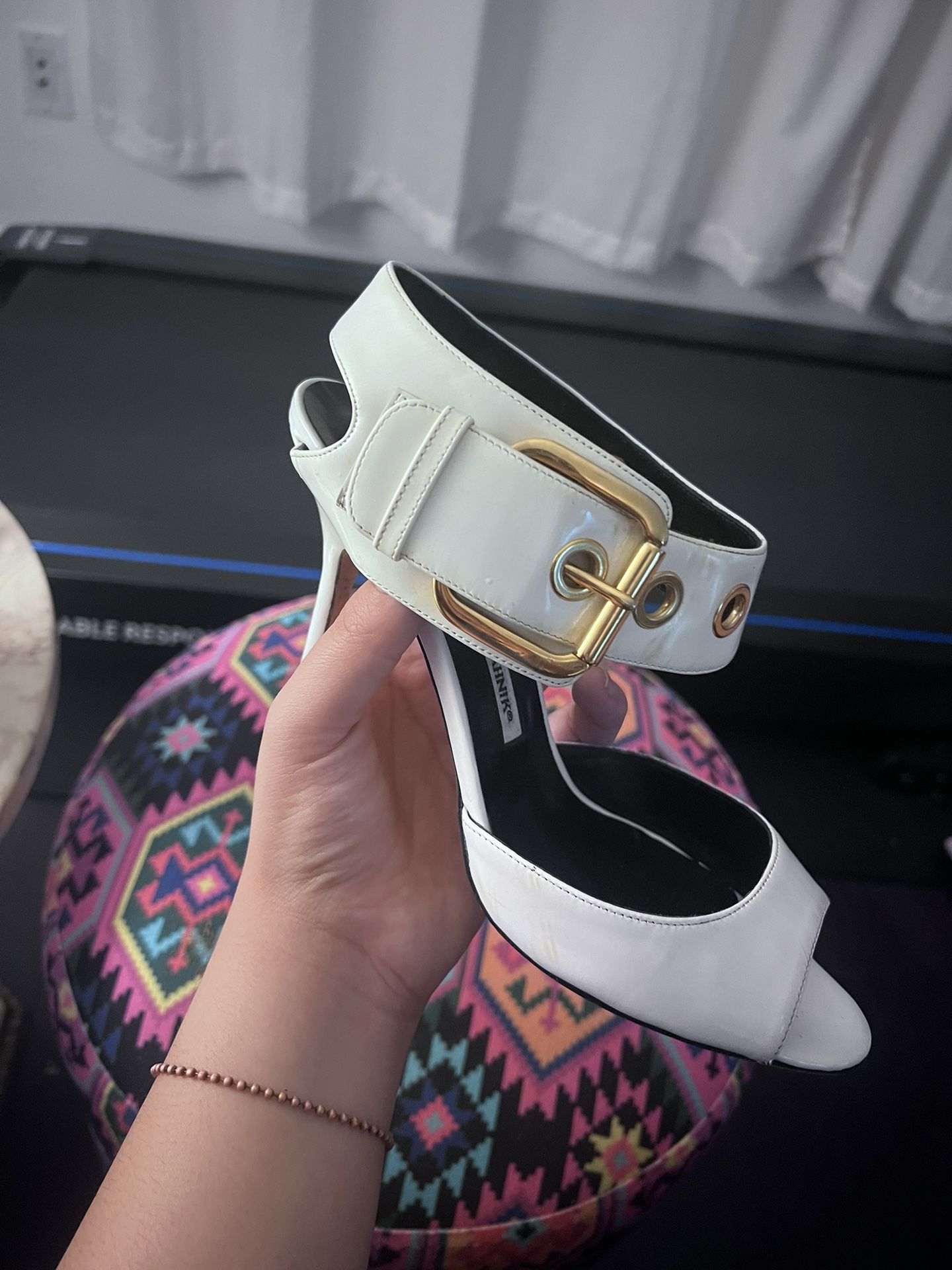 Vintage Manolo Blahnik Patent Leather Buckle Strap Peep Toe Heels Carrie Bradshaw SATC