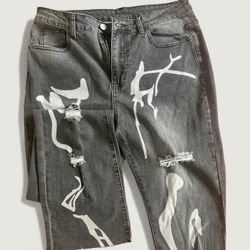 Women Sexy Stretchy Slim Fit Flared Jeans With Holes And Print, Dark Grey 