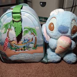 Loungefly Stitch And Angel Beach Backpack With Stitch Plushy  