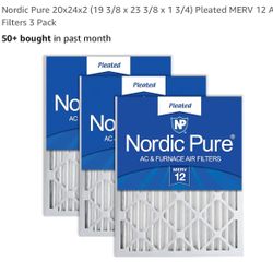 Nordic Pure 20x24x2 (19 3/8 x 23 3/8 x 1 3/4) Pleated MERV 12 Air Filters 3 Pack