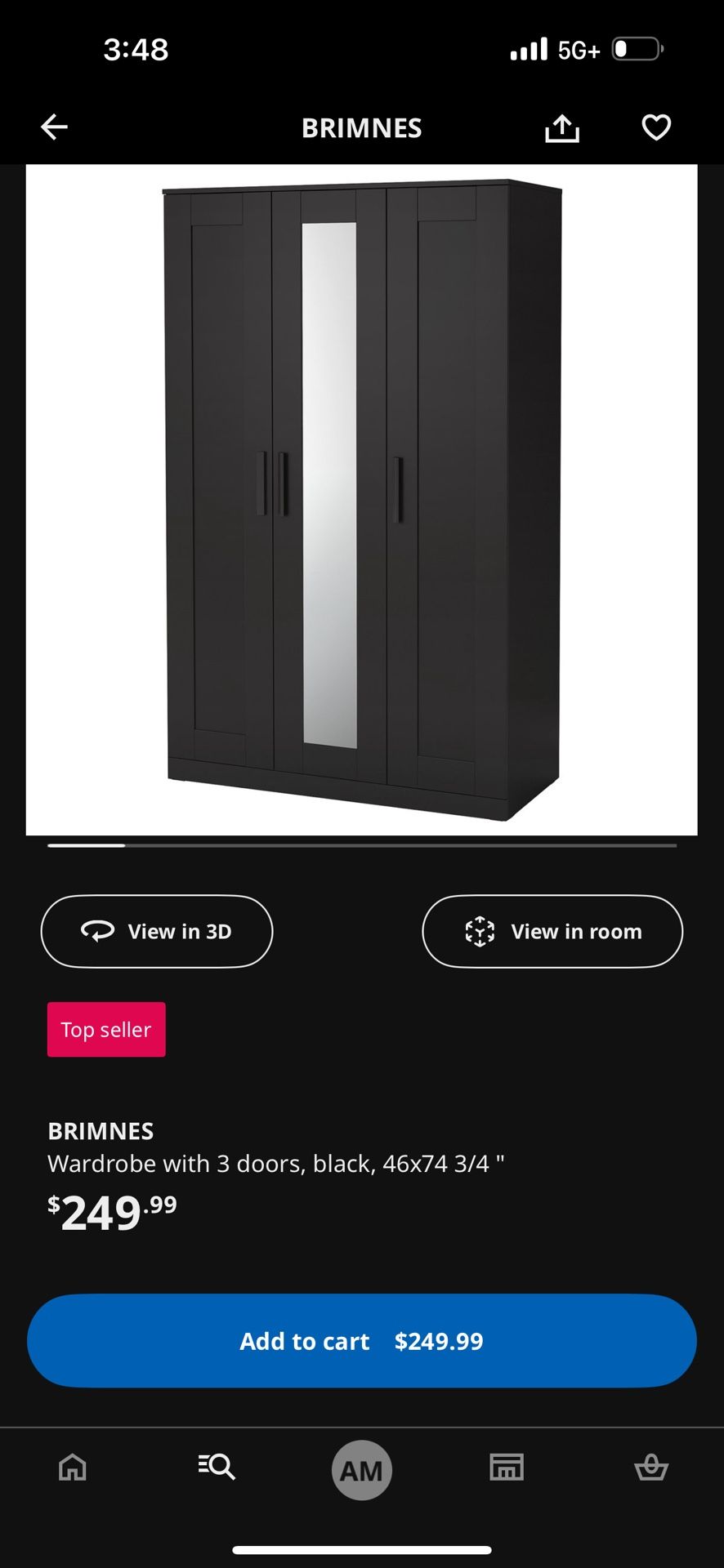 IKEA BRIMNES 3-Door Wardrobe w/ Mirror – Black (Needs Base Pieces)