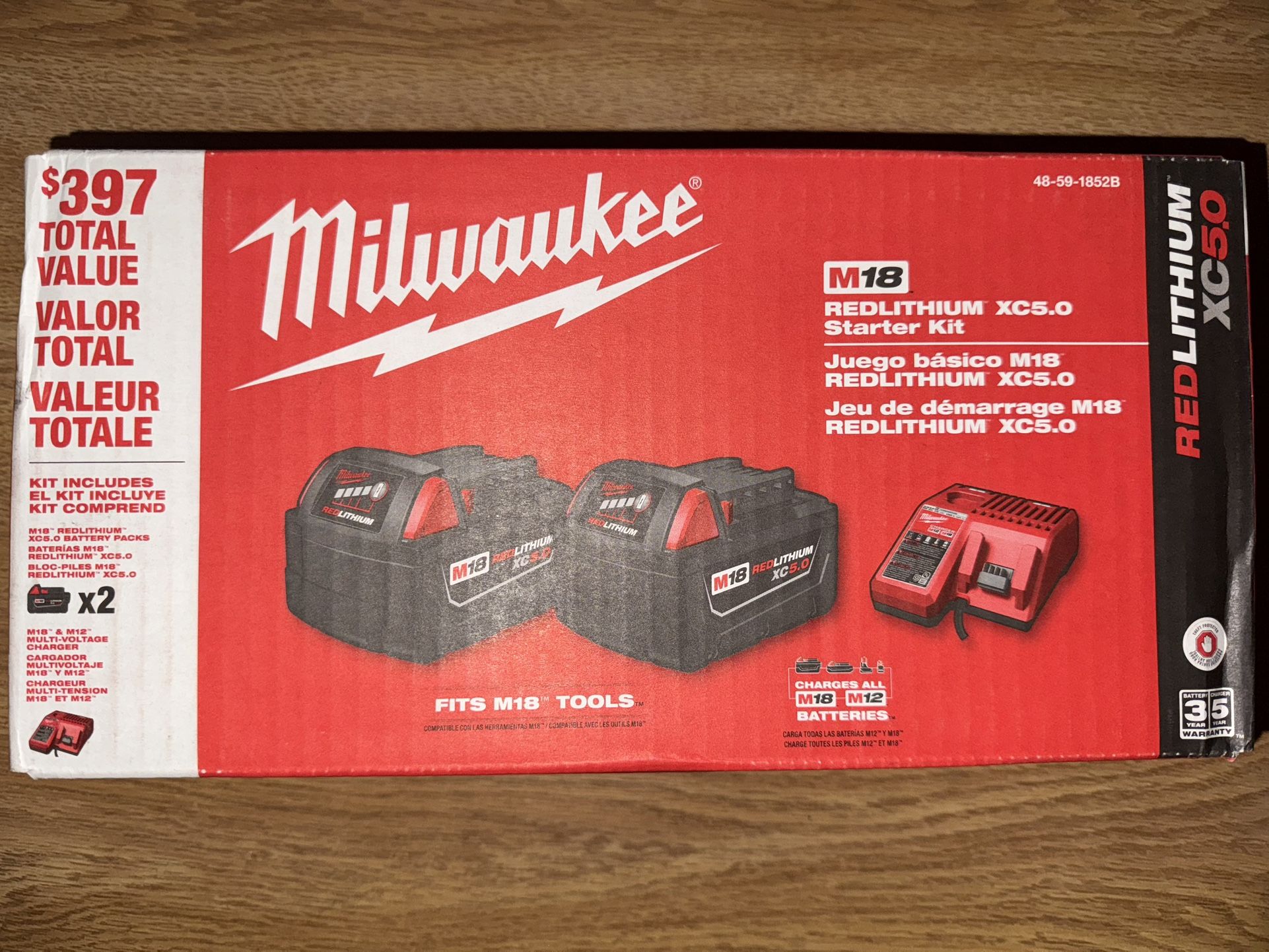 Milwaukee 48-59-1850 M18 RED LITHIUM XC 5.0 Ah Batteries (2) + 48-59-1812 M12 and M18 Multi Voltage Charger kit