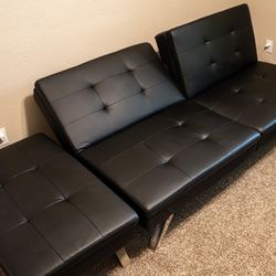 Futon Couch Convertible Splitback Black Leather With Ottoman