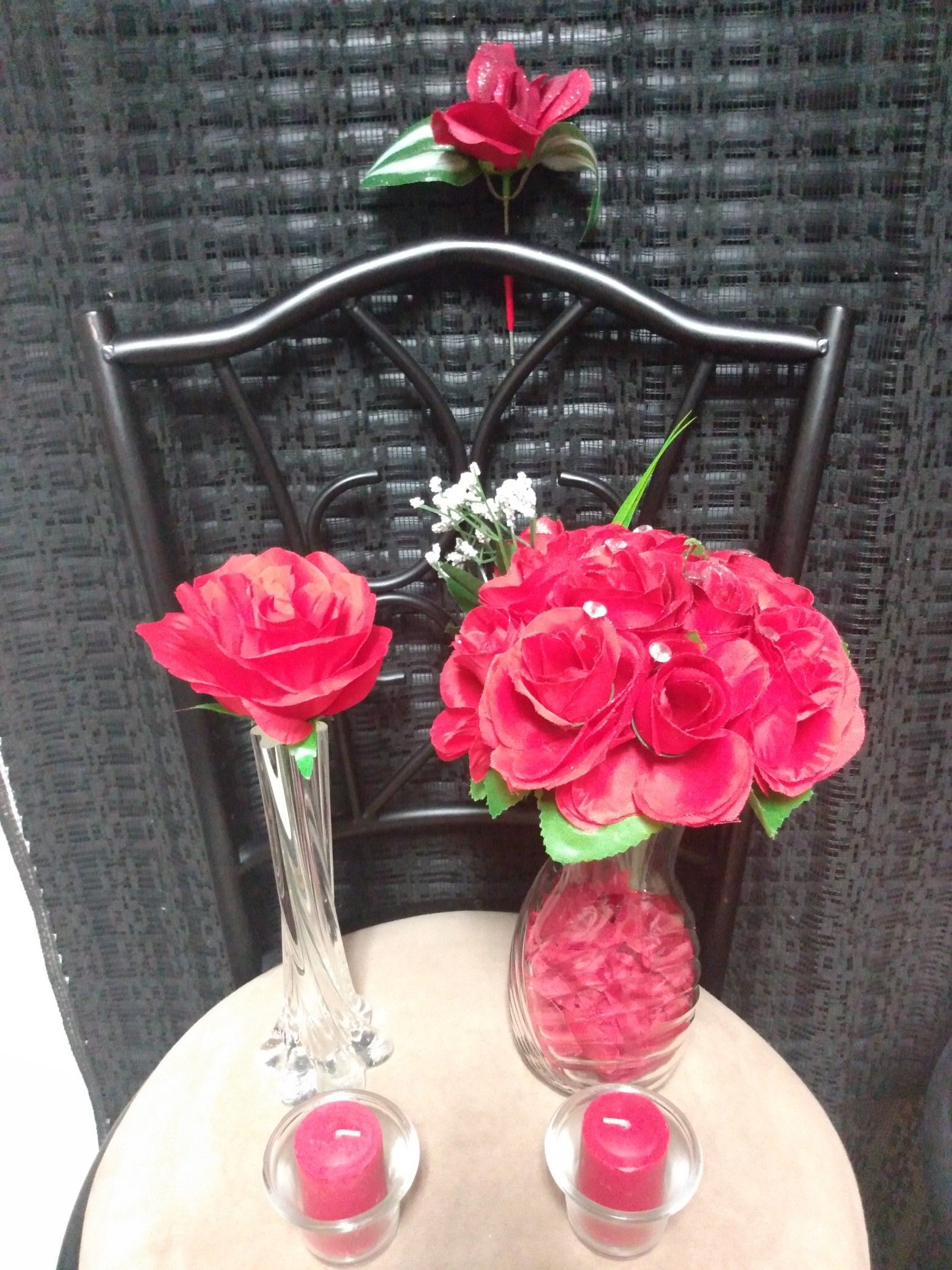 $45 Set PRICE very beautiful Mother's Day red roses in glass vase, boutonniere, Tall flower vase (2) candles, (2) clear candle holders.