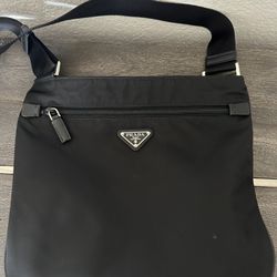 Prada Midnight Black Tessuto Nylon & Saffian Leather Designer Crossbody Messenger Travel Bag for Women and for Men
