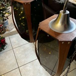 Pair Of Vintage Mid-Century Modern Smoked Acrylic, Walnut and Chrome Pendant Light