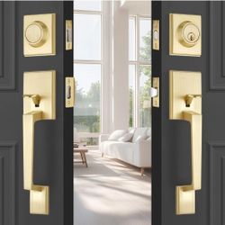 (Brand New in Box) 
EHOMEWARE Brass Double Front Door Handle Set, Gold Heavy Duty Square Door Lever and Single Cylinder Deadbolt Combo for Side by Sid