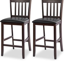 Newly assembled COSTWAY Counter Height Bar Stools Set of 2, 25'' Wooden Pub Chairs with PU Leather