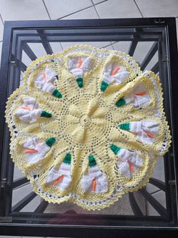 Handmade Yellow Crochet Floral Doily with White & Green 3D Accents