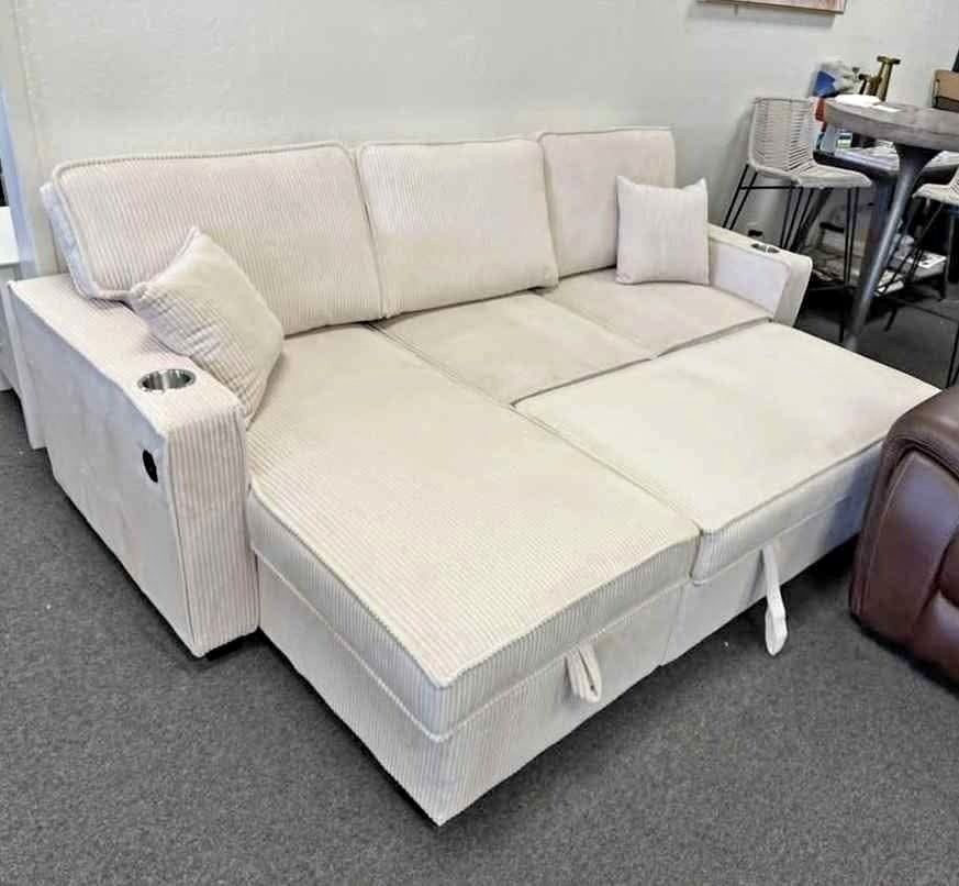 Beige corduroy sectional pull out sofa bed sleeper sofa with USB and Cup holders