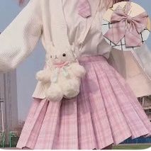 Harajuku Japanese Korean Student Preppy Skirt Ribbon Pink Checker Set