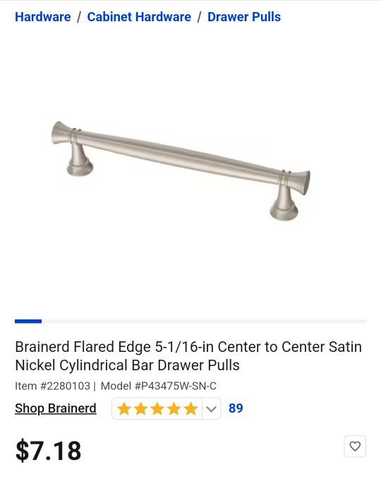 Brainerd Flared Edge 5-1/16-in Center to Center Satin Nickel Cylindrical Bar Drawer Pulls