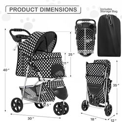 3 Wheels Pet Dog Cat Stroller for Small Medium Dogs Cats, Foldable Jogger Stroller w/Storage Basket and Cup Holder, Black Polka Dots