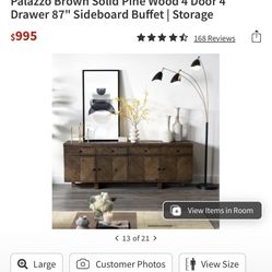 Palazzo Solid Pine Wood 87in Sideboard Buffet/Drawer/Storage-New Living Spaces