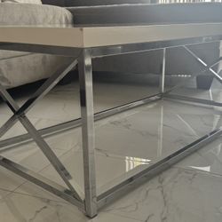 White Rectangular Coffee Table With Silver Metal Legs