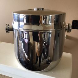Vintage MCM Stainless Steel Ice Bucket with Black Handles, Hong Kong