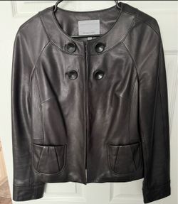 Women’s Black Leather Jacket Classiques Entier Collarless Button Medium