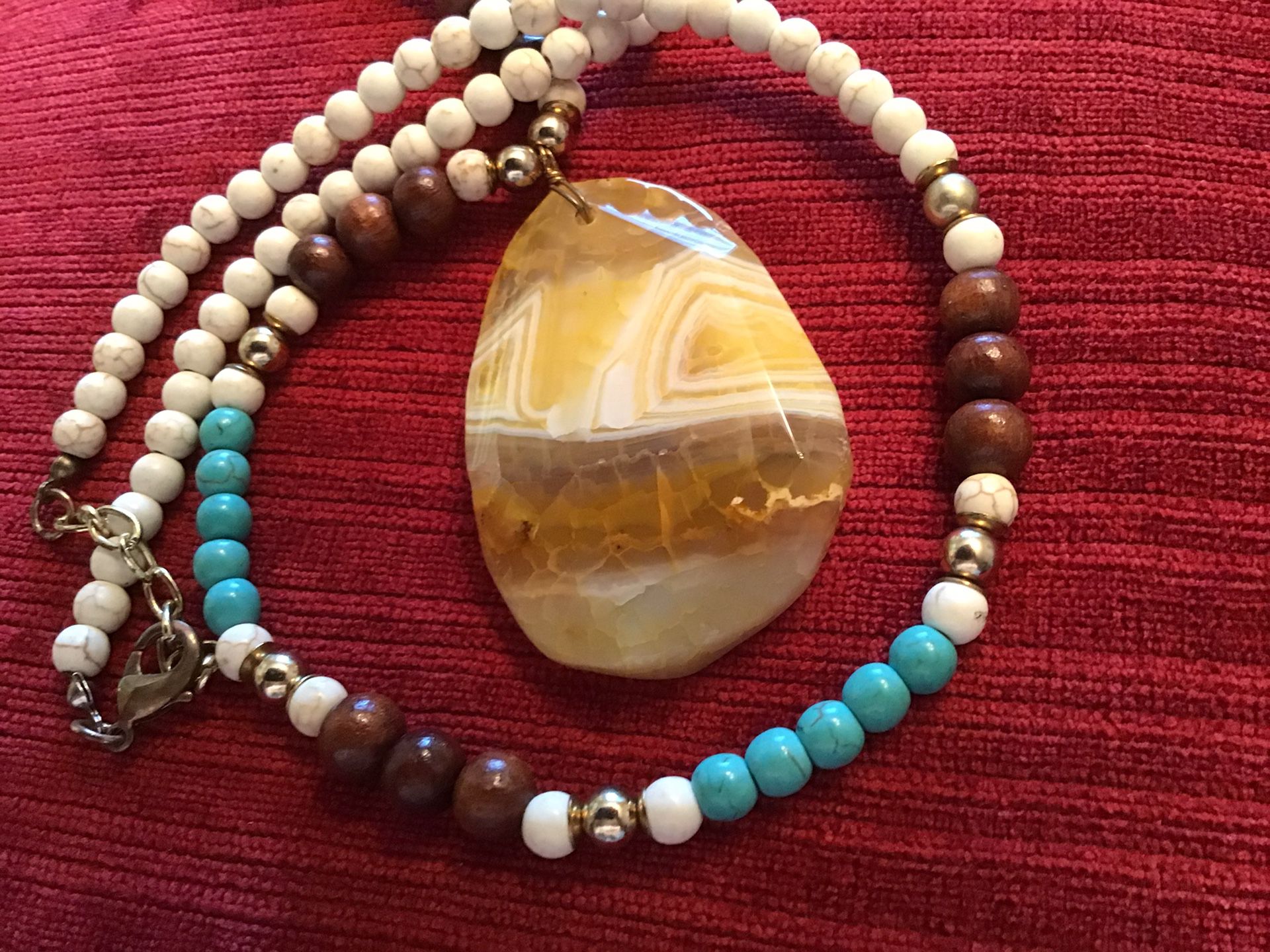 Wood/Glass Beads with Stone Pendant