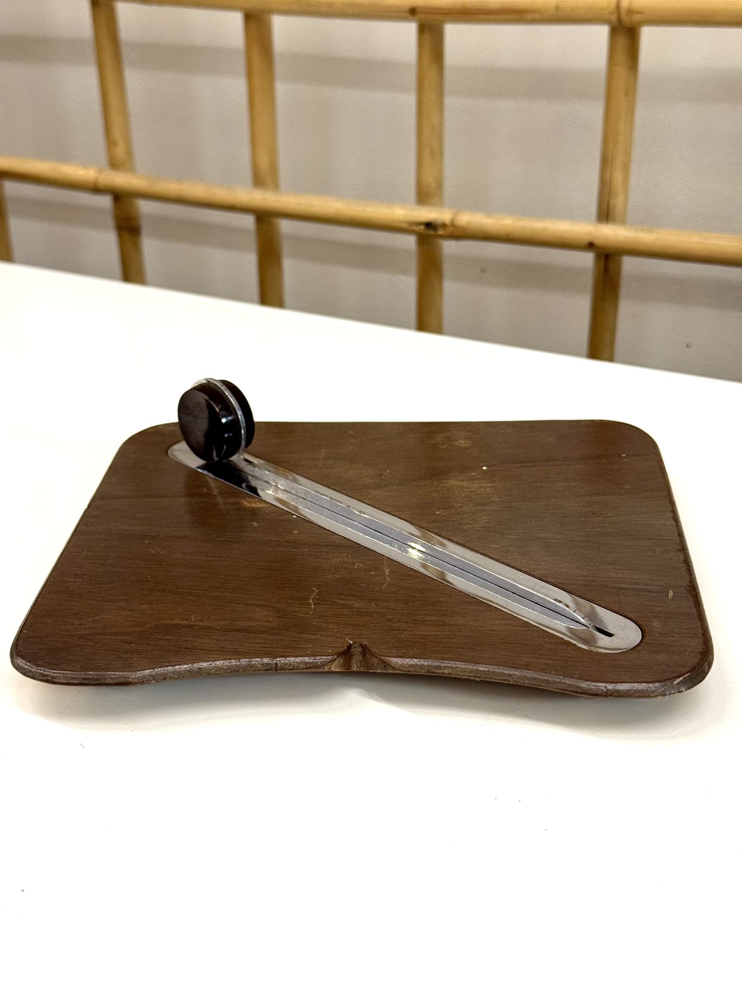 Vintage Stock Ticker Tape Ribbon Cutter – Walnut Base & Metal Blade, 1950s–70s