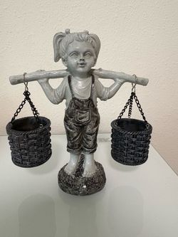 Girl Figurine Statue with Hanging Basket Planters