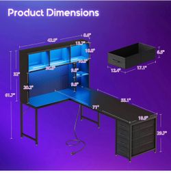 63” L-Shaped Gaming Desk with LED & Power Outlets – Brand New in Box!