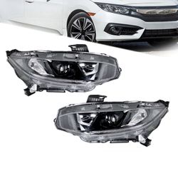 Projector Headlight Lamp Black Right+Left Side For 2016-2021 Honda Civic Factory