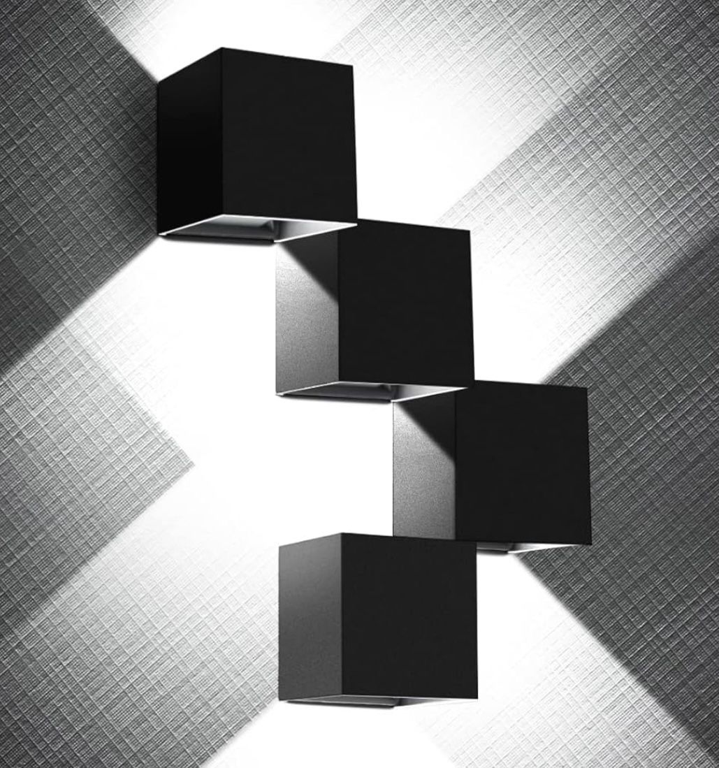 20W Modern Square Black Outdoor Wall Sconce Light, 4 Pack