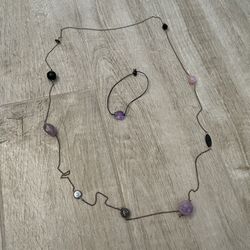 Purple Beaded Necklace with Metal Chain & matching Bead Bracelet 