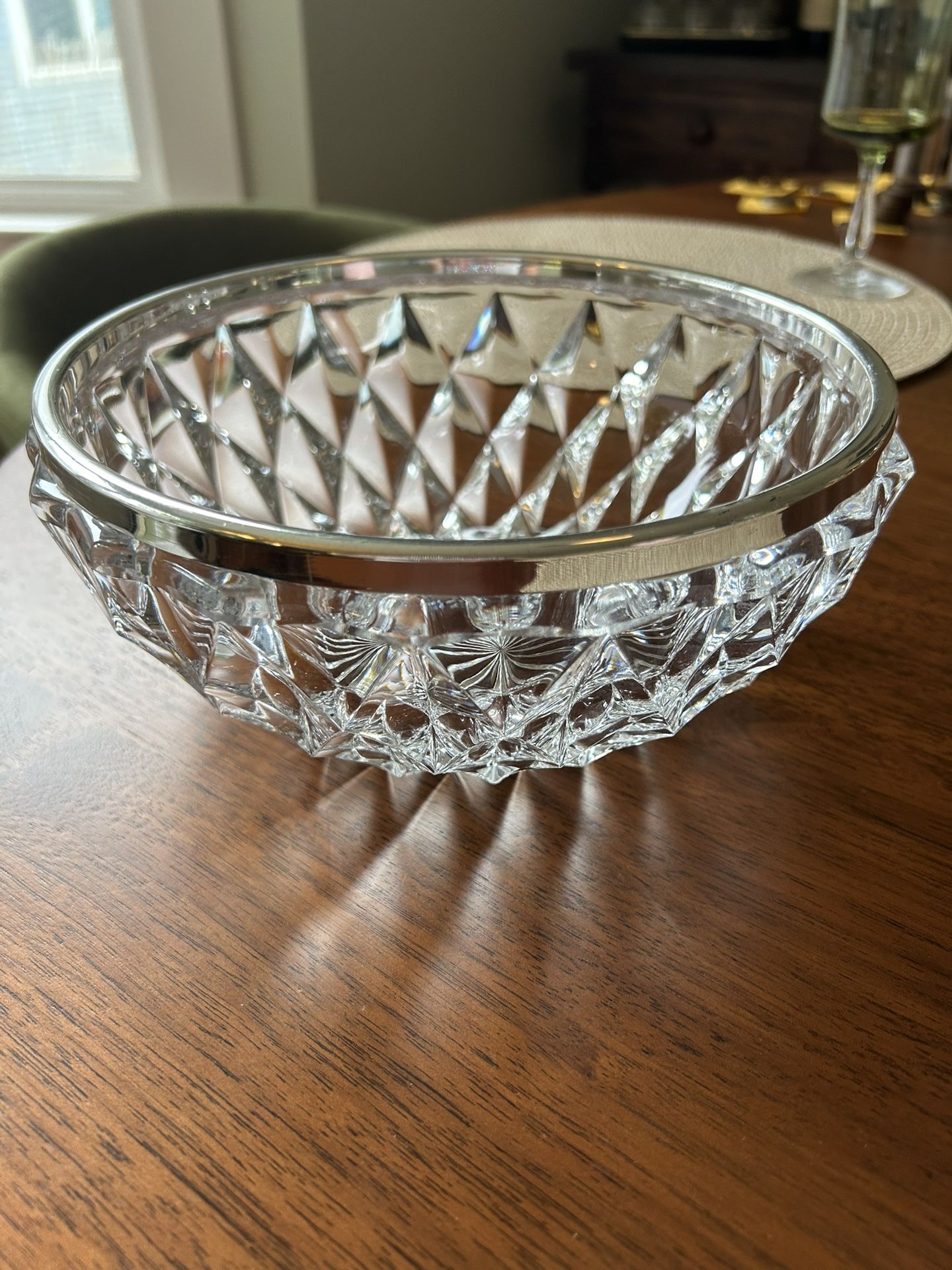 Vintage Cut Glass Silver Rim Bowl