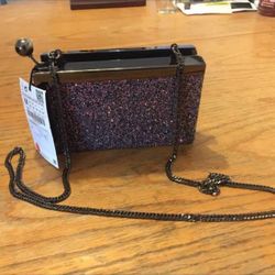 ZARA Sparkly Purple Glitter Box Clutch & Crossbody Metallic Chain Strap Box Purse 