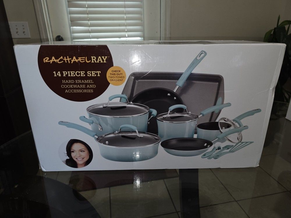 New In Box 14 PC. RACHAEL RAY COOKWARE SET and ACCESSORIES-Hard Sky Blue