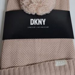 Pink DKNY Women's 2 Piece Set Knit Pom Pom Beanie Hat & Scarf