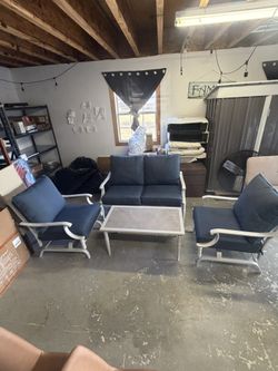 allen + roth Thomas Lake 4 -Piece Patio Conversation Set with Blue Cushions