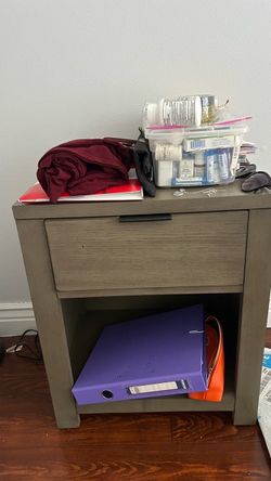 Queen bed + mattress + Gray Wood Nightstand with Drawer and Shelf