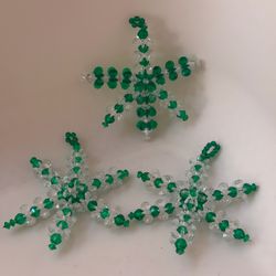 Set of 3 Handcrafted Green Clear Beaded Snowflake Christmas Ornaments 4”