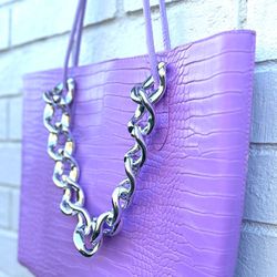 New Lavender Pink Boutique Style Crocodile Embossed with Chain Shoulder Tote Bag