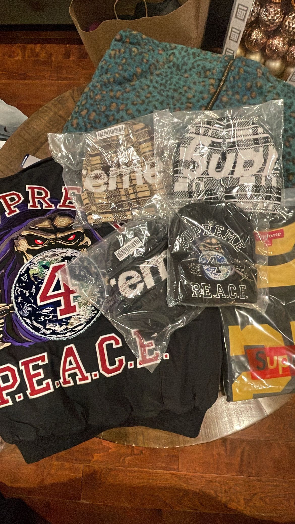 Supreme FW 23” Week 11 Peace Jacket, Beanies, Hooded Shirt, Bumblebee Football Top