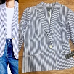 NYCC Striped light Blazer Jacket  Modern 3/4 Ruched Sleeves NEW Size M