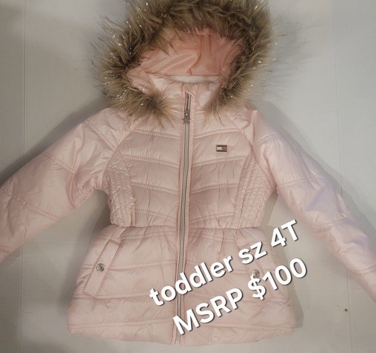 New Size 4T Tommy Hilfiger Girls Winter Coat Pink Faix Fur Trim