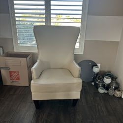 Beige Leather Wingback Accent Chair