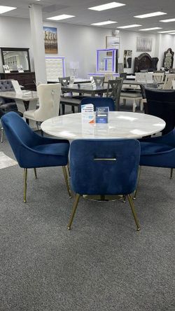 Brand new 5 Pc Modern round dining collection  sets w/White marble top & gold base & chairs