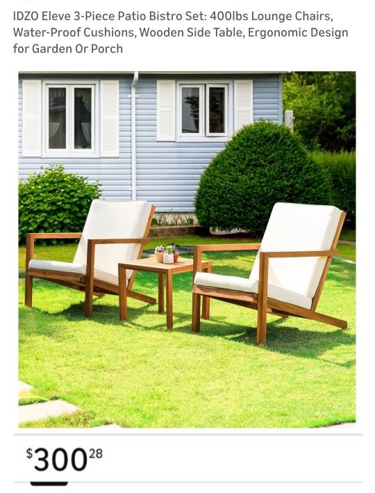 IDZO Eleve 3-Piece Patio Bistro Set: 400lbs Lounge Chairs, Water-Proof Cushions Wooden Side Table, Ergonomic Design for Garden Or Porch $150