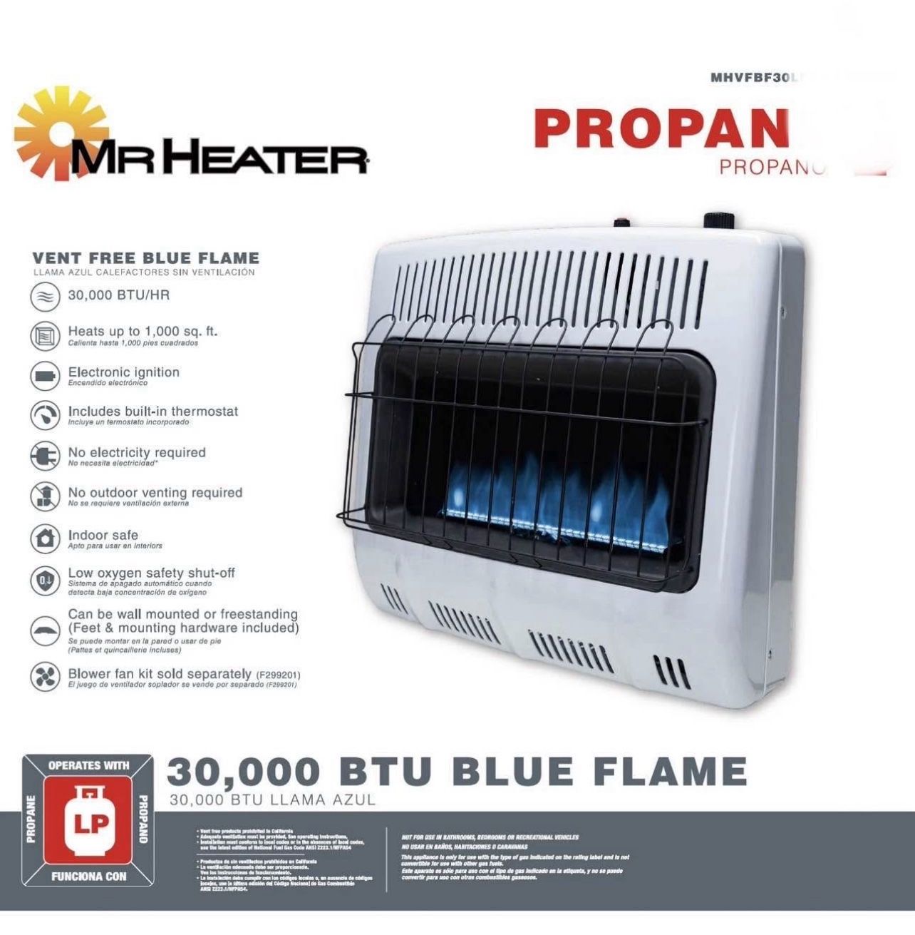 30,000 BTU Vent-Free Blue Flame Propane Heater – Indoor Safe, Powerful Heat, Brand New