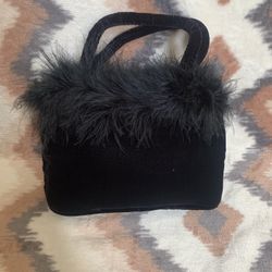 2000s Gap Mini Top Handle Black Velvet Purse with Faux Feathers