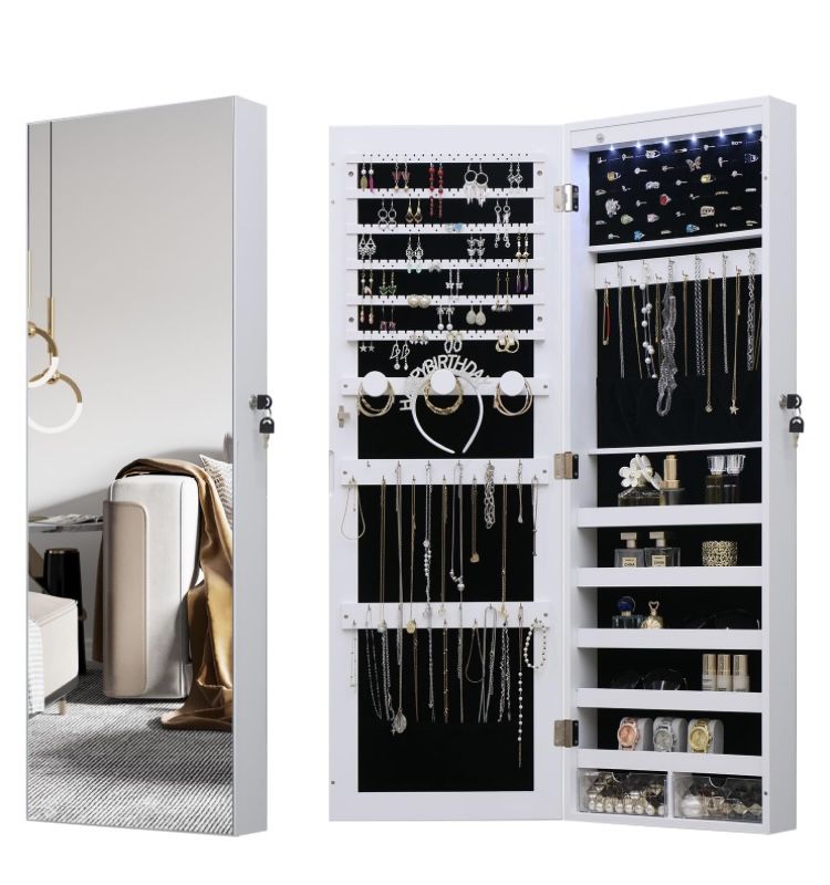 LED Jewelry Cabinet Armoire Organizer,Wall/Door Mount Jewelry Organizer and Storage with Full-Length Mirror Hanging Jewelry Organizer Full Length Mirr