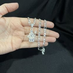 925 Sterling Silver Men Santo Nino de Atocha Holy Child & Figaro Chain