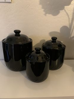 Vintage 1991 Home Collection Black Stoneware Set Of 3 Canisters
