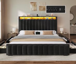 YITAHOME King Size Bed Frame with 4 Storage Drawers and RGB LED Lights, Velvet Upholstered Platform Bed with Charging Station and Bookcase Storage Hea